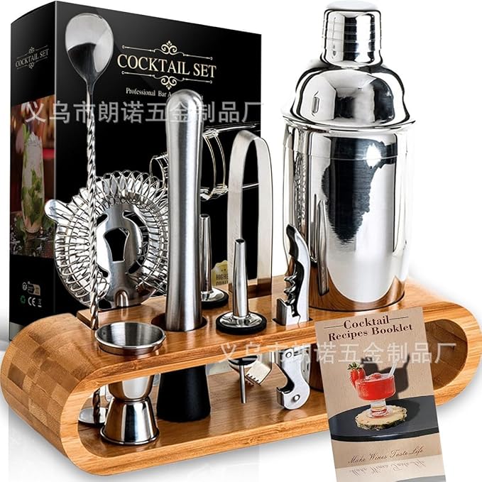 10-Piece Stainless Steel Cocktail Shaker Set with Stand – Bartender Kit w/Martini Shaker, Jigger, Strainer, Ice Tools & Decanter for Home Bar, Party & Gift