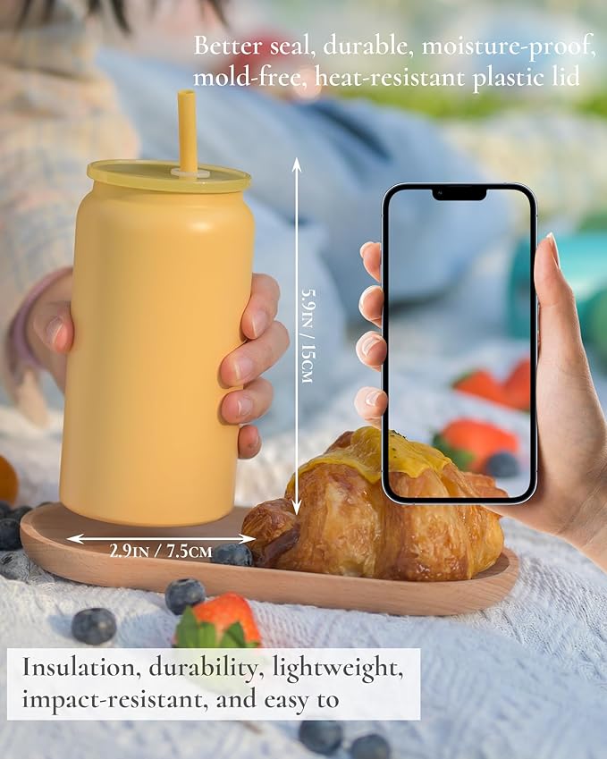16oz Glass Cups With Lids and Straws, Stainless Steel Beer and Iced Coffee Cup, Smoothie Drinking Cup, Yellow (Textured Matte Finish, Not Sublimatable)