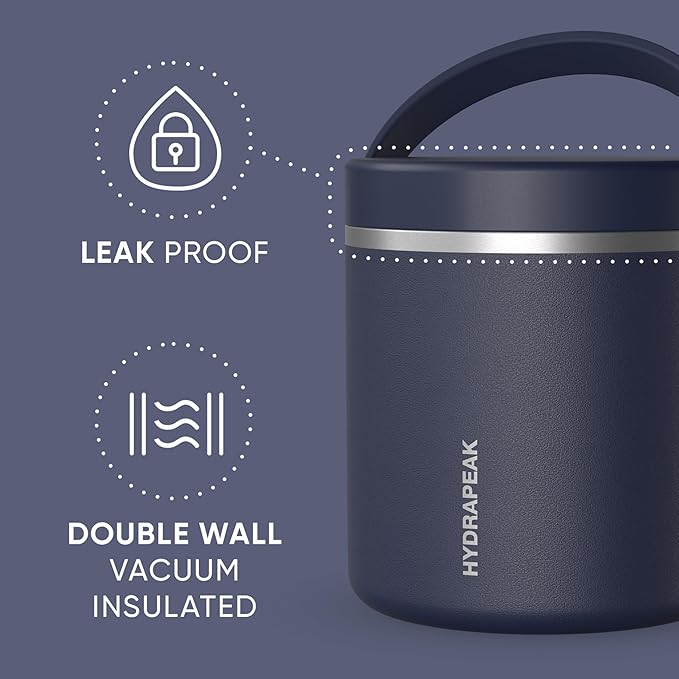 Hydrapeak 25oz Stainless Steel Vacuum Insulated Food Jar | for Hot Food and Cold Food, Wide Mouth Leak-Proof Soup for Adults, 10 Hours Hot and 16 Hours Cold (Navy)