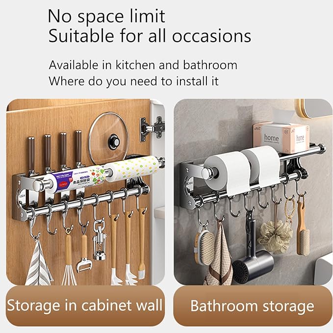 Hanging Wall Mount knife Wall Mount, Space-Saving Knife Rack with Hooks, Kitchen Organizer Storage Shelf for Utensils Spatula Spoon, Kitchen Utensil Hanger (Silver, 50CM+10Hooks)
