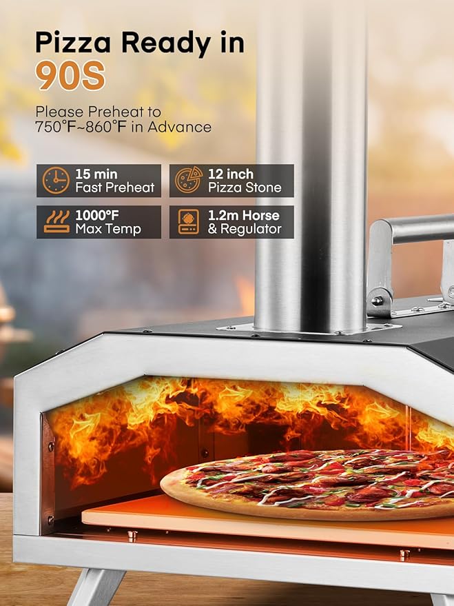 Outdoor Pizza Oven, 12inch Portable Wood Pellet and Gas Pizza Oven, Heats up to 1000°F, with Gas Hose & Pizza Stone, Tabletop Stainless Steel Pizza Oven for Backyard, Camping, Picnics, Black