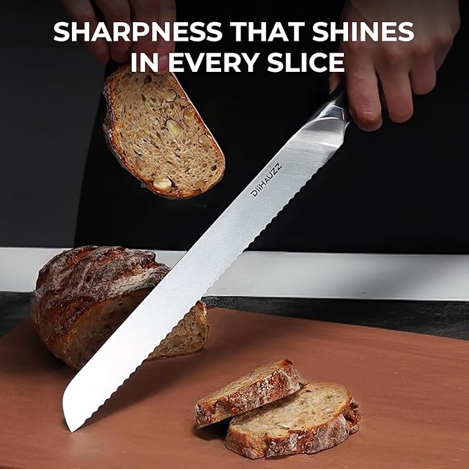 Bread Knife, 10 Inch Serrated Knife for Slicing Homemade Bread, Razor Sharp High Carbon Steel, Professional Bakery Kitchen Knives with Full Tang Ergonomic Handle for Sourdough, Bagel, Cake