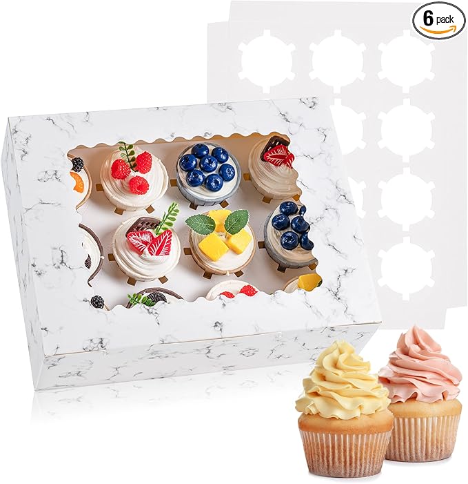 Hoewina 6PCS Cupcake Boxes - Hold 12 Count Cupcake Containers with Window, Food Grade Cupcake Holder Easy Transport and Presentation - Ideal for Cupcakes, Desserts, and More (Marble pattern)