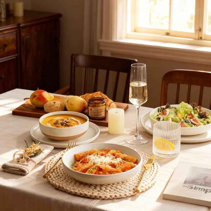 AmorArc Ceramic Dinnerware Sets for 8, 24 Pieces Handpainted Plates and Bowls Set with Rustic Terracotta Underside, Scratch Resistant Stoneware Dishes Set, Dishwasher & Microwave Safe, Light Beige