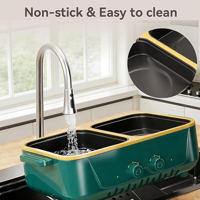 2-in-1 Electric Hot Pot and Grill Combo,1000W Dual Temper Control, Fast Heating - Indoor Cooking Appliance for BBQ, Steaks, Noodles & More - Suitable for Up to 3 People (Green T)