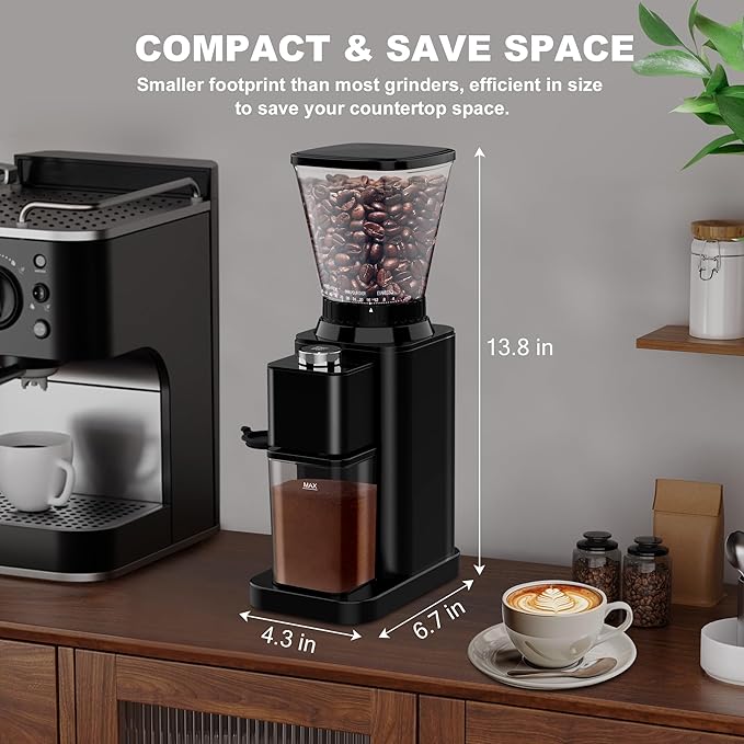 Electric Conical Burr Coffee Grinder with 48 Grind Settings, 35s Timer, Detachable 48-51mm Portafilter Holder, Anti-Static, Low Noise for Home Espresso, Drip, French Press (Black)