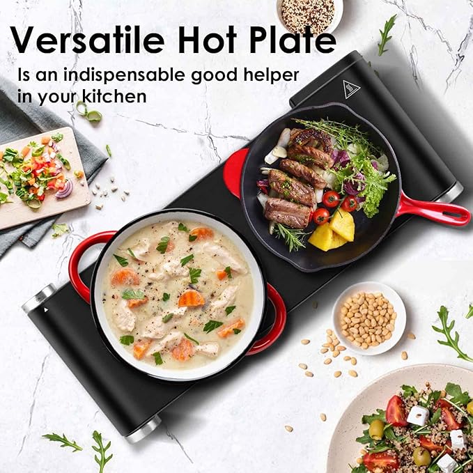 Cusimax Hot Plate for Cooking 1800W Portable Electric Double Burner Countertop Cooktop Cast Iron Stove Heating Plate with 7 Power Levels Adjustable Temp Control, Compatible for All Cookwares