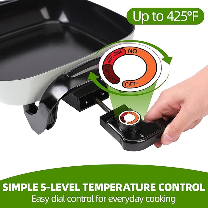 12'' Ceramic Nonstick Electric Skillet with Tempered Vented Glass Lid, Scratch-Resistant Surface, Cool-Touch Handles, Removable Easy-to-Clean, 120V 1200W 60Hz, Green