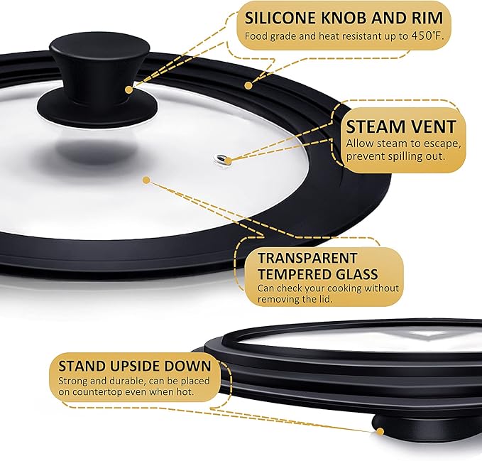 Ydeapi Universal Lid for Pots, Pans and Skillets, Pot Lid With Heat Resistant Silicone Rim and Tempered Glass, Fits 11", 12", 12.5" Diameter Pots and Pans