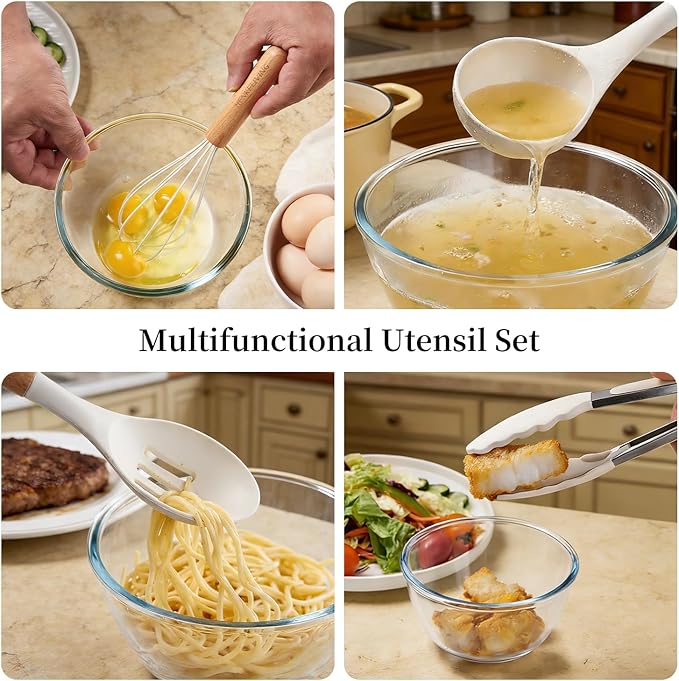 Silicone 10 Pcs Kitchen Cooking Utensils Set, Recycled Materials Certification, BPA Free Spatula Set with Heat Resistant Wood Handles for Nonstick Cookware, Cream White