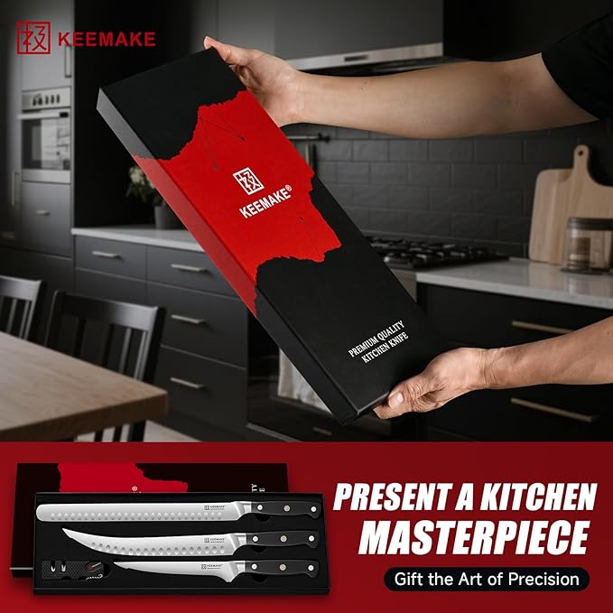 KEEMAKE Carving Knife Set - 12" Brisket Knife & 10" Butcher Knife & Boning Knife Set for Meat Ham Cutting Razor Sharp with Ergonomic Handle Full Tang Design