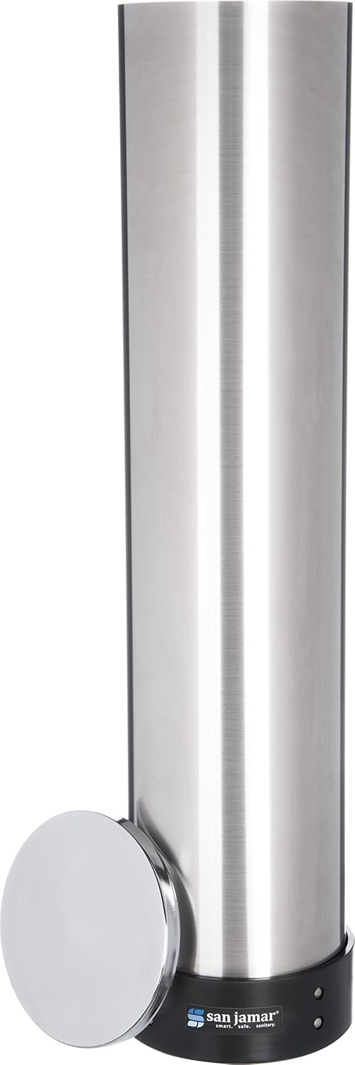 San Jamar Pull-Type Cup Dispenser 32-46 Oz. Cups for Restaurants, Home, and Office, Plastic, 23.5 Inches, Silver, Large