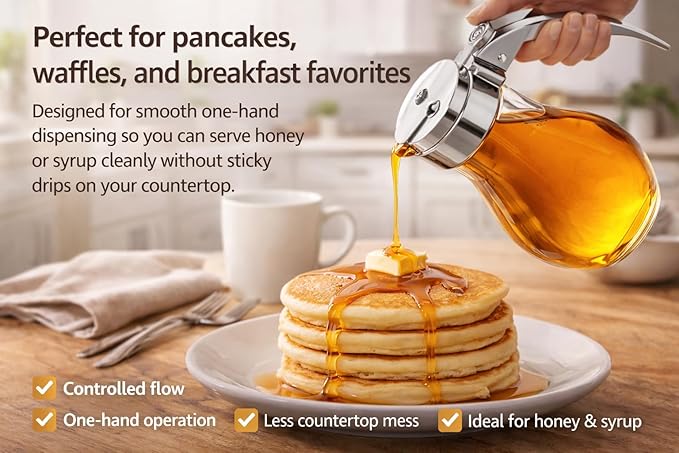 EHOMEA2Z Glass Honey Dispenser, 14 oz Syrup Dispenser with Metal Top, Maple Syrup Dispenser for Kitchen & Dining Table (2, 14 Oz)