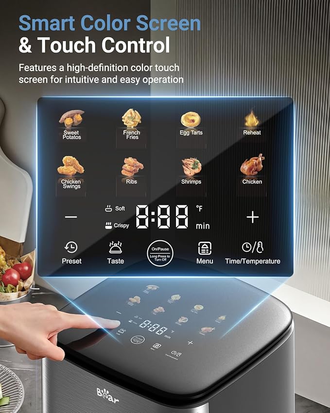 Bear 6.3QT Air Fryer with Smart Color Touchscreen, 4D Turbo Crisp Technology, See-Through Window & Steam Function for Juicy Results, 1600W, Dishwasher Safe Basket