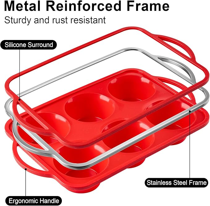 Puyeipt Jumbo Muffin Pan with Metal Frame, 6 Cup Large Cupcake Mold with Handles, Silicone Egg Bite Baking Tray, BPA Free & Non-Stick