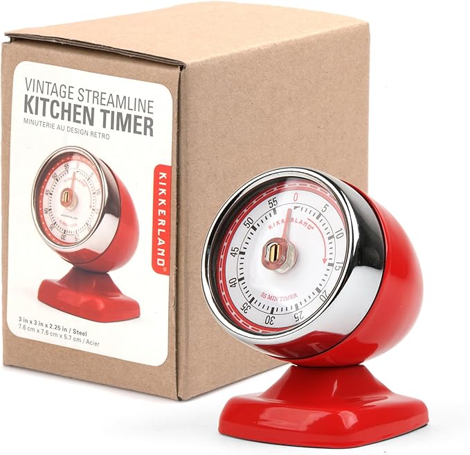 Kikkerland Vintage Streamline Timer – Retro Decor for Home & Kitchen – Windup Timekeeper in Red