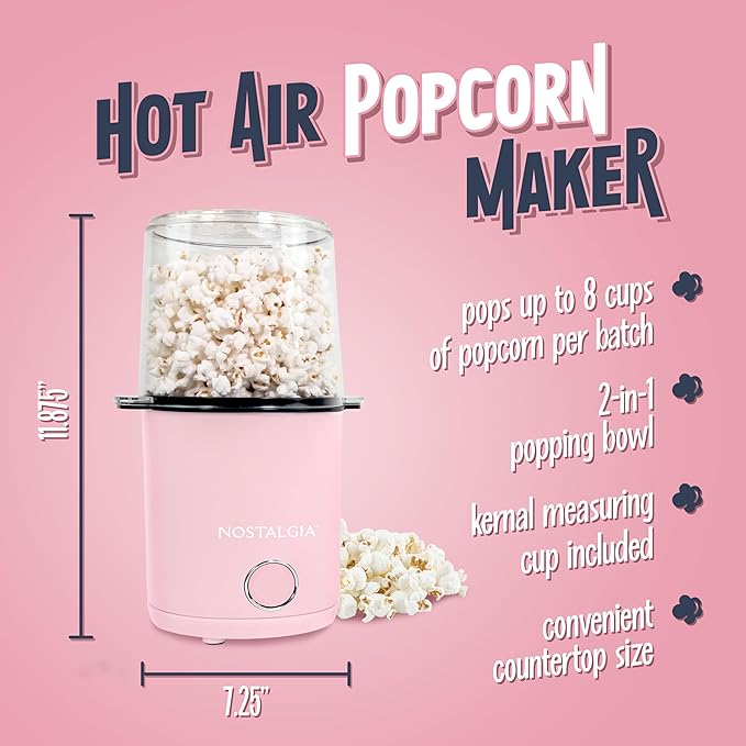 Nostalgia 8-Cup Hot Air Popcorn Maker & Bowl - 2-In-1 Bowl & Lid, 2 oz Measuring Cup - Oil-Free Pop Corn for Movie Night, Snacks, Birthday Parties, and More - Pink