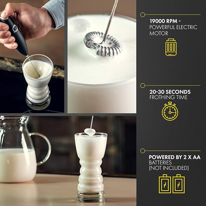 Unicoff Handheld Milk Frother with Stand – Electric Milk Frother for Coffee, Latte, Cappuccino & Matcha – Battery Operated Drink Mixer, BPA-Free Stainless Steel Whisk, Portable Mini Foam Maker (Black)