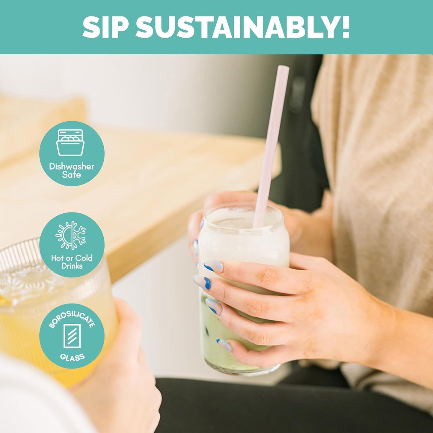Simply Straws 8 Inch Glass Straws Straight (6-Pack) – Reusable Glass Straws for Pints & Juice Drinkware, with Cleaning Brush – Dishwasher Safe, Hot & Cold Use, BPA-Free (Meadow)