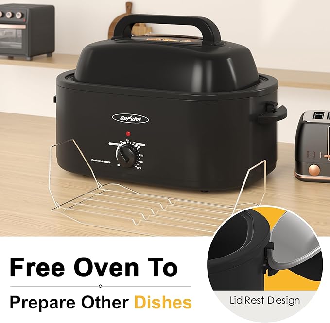 Sunvivi Roaster Oven, Electric Roaster Oven with Viewing Lid, 30lb 26-Quart Turkey Roaster with Unique Defrost/Warm Function, Large Roaster with Removable Pan & Rack, Stainless Steel, Black
