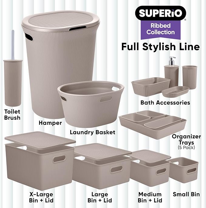 Decorative Plastic Toilet Bowl Brush and Holder Set, Taupe (2 Pack) Cleaner Scrubber for Bathroom - Ribbed Design