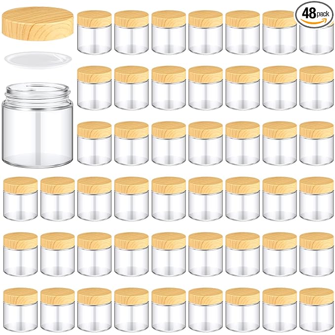 Norme 48 Pcs 4 oz Glass Jars with Lids Empty Small Glass Containers and Inner Liners Reusable Cosmetic Jars Round Airtight Bottles with Plastic Woodgrain Lids for Travel