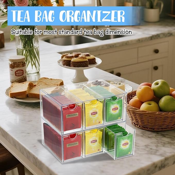 6 Drawers Tea Bag Organizer, Clear Acrylic Tea Bag Storage Organizer, Stackable Tea Packet Drawers Holder for Cabinet, Pantry, Kitchen, Countertop