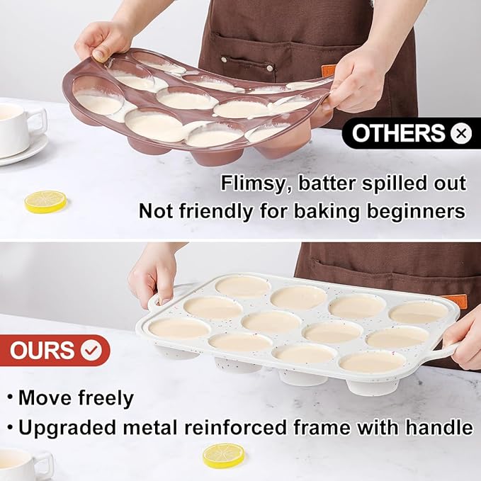 CAKETIME Silicone Muffin Pans for Baking, Metal Reinforced Frame Regular 12 Cups & Mini 24 Cups Cupcake Pan Set Nonstick Muffin Pan for Homemade Baking Easy to Handle
