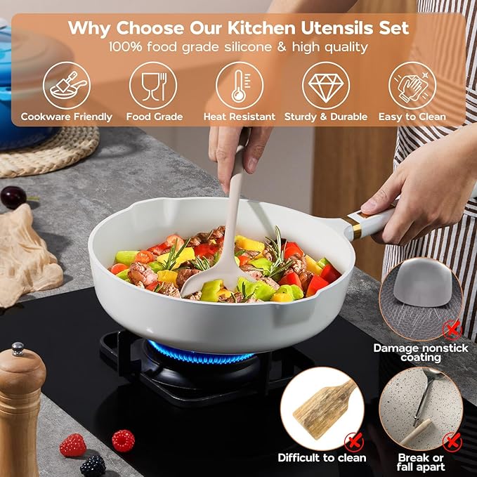 Onader Kitchen Utensils Set, Silicone Non Toxic Cooking Utensils, 6 Pcs Heat Resistant Kitchen Gadgets Set for Nonstick Cookware - Khaki