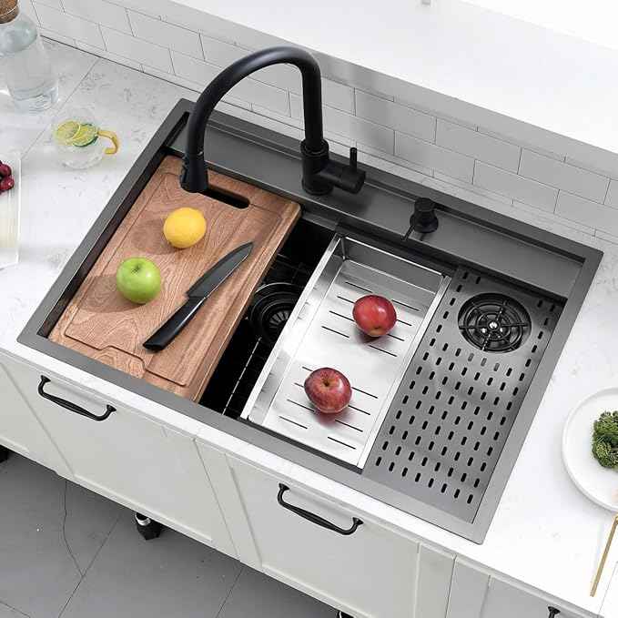 33 Inch Black Drop In Kitchen Sink Workstation with Glass Rinser -VOKIM 33x22 Drop In sink Workstation Stainless Steel 16 Gauge Deep Single Bowl Kitchen Sink with Cup Washer