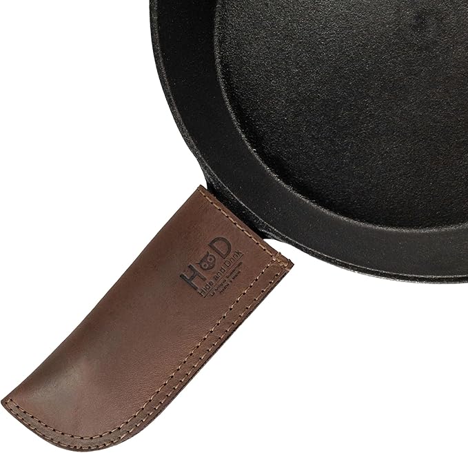 Hide & Drink, Hot Pan Handle Cover Handcrafted from Thick Full Grain Leather - Heat Resistant, Sturdy Grip for a Cast Iron Skillet, Frying Pan, Cookware - (Bourbon Brown)