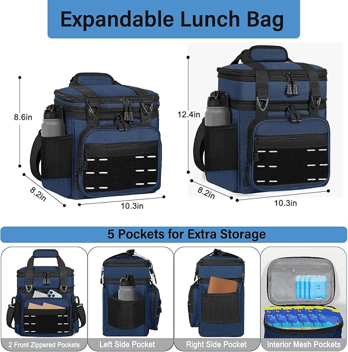 Lunch Box Cooler Bag - Insulated Tactical Lunchbox for Men - Large Lunch Pail Kit for Adults Work Outdoor Shifts Trips Blue 16L