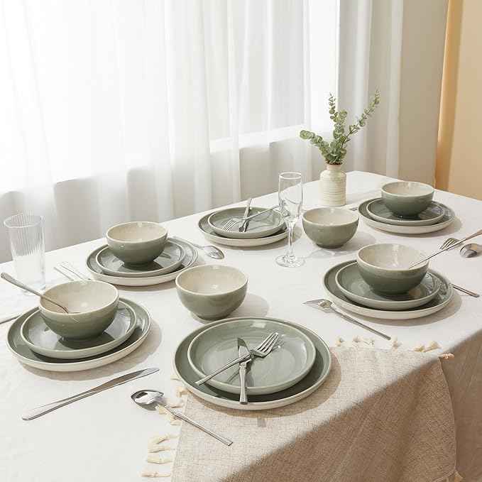 Stoneware Dinnerware Sets for 6, Microwave Safe Plate and Bowl Set, Easy to Clean & Durable Dishes Sets for Small to Medium Families, Gray Green