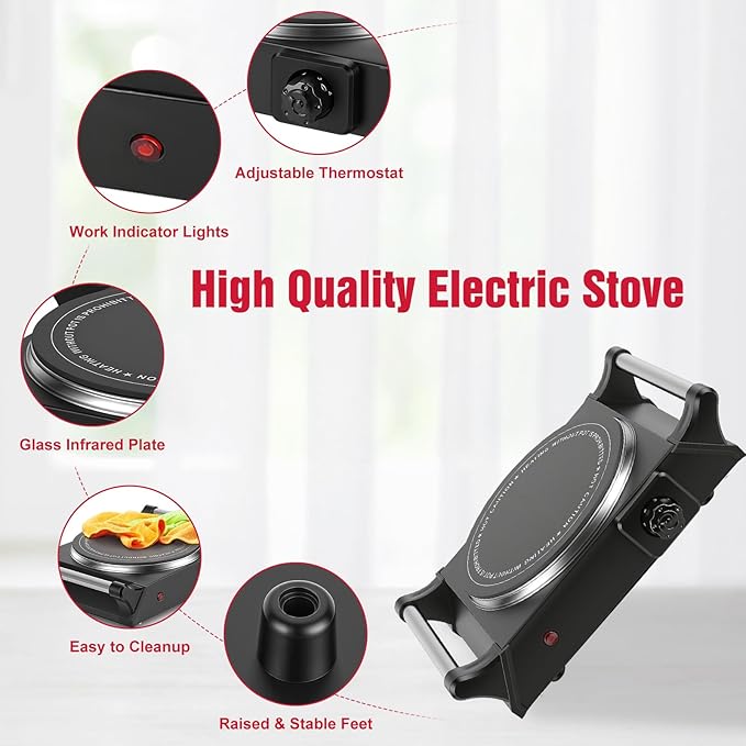 Electric Countertop Single Burner, 1000W Cooktop with Crystal Glass Hot Plate, 5-Level Stepless Temperature Control, Stay Cool Handles, Easy to Clean, Compatible Cooking Stove for Office Home RV
