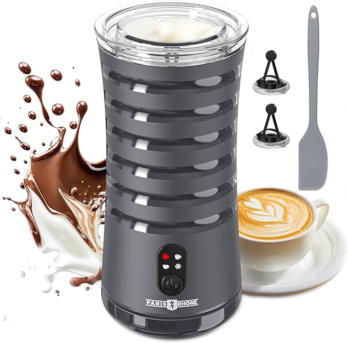 Milk Frother, Paris Rhône 4-in-1 Milk Steamer and Frother, Hot & Cold Foam Milk Warmer with Temperature Control, Auto Shut-Off Frothers for Coffee, Latte, Cappuccino, Macchiato, Grey