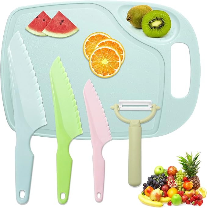 Kids Knifes Set, Kitchen Knife and Cutting Board Set, Children's Cooking Knives in 5 Sizes & Colors/Firm Grip, Serrated Edges, BPA-Free Kids' KnivesLettuce and Cutting Board Peeler