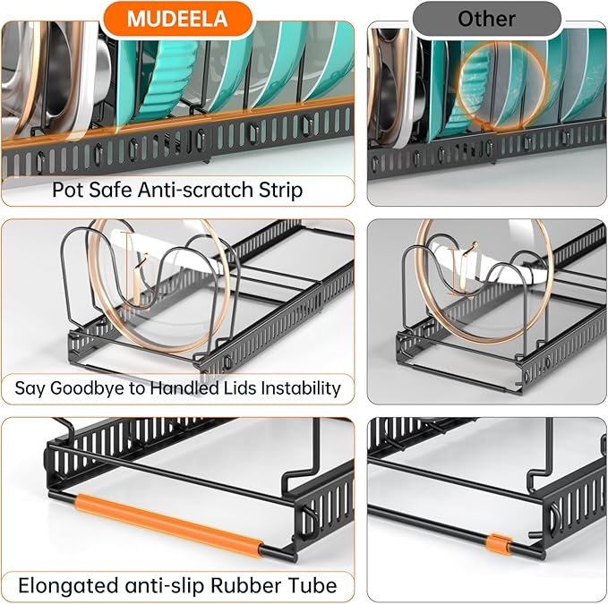 MUDEELA Expandable Pots and Pans Organizer Rack under Cabinet, Pots Lid Organizer Rack for Kitchen Cabinet Organizers and Storage with 12 Adjustable Dividers Cutting Board Holder & Anti-Scratch Strips
