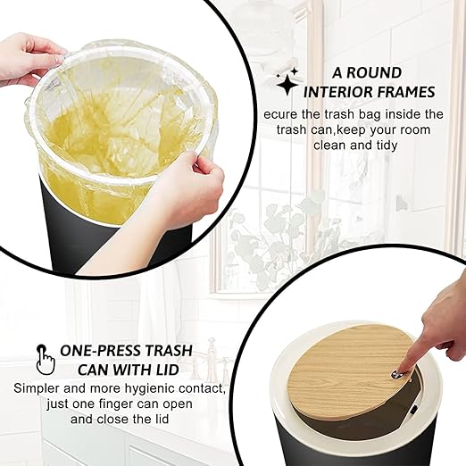 Trash Can with Lid elegant black old chalkboard texture distressed grunge borders soft Press Top Round Small Garbage Bin with Wooden Legs Waste Basket for Kitchen Bedroom Nursery 7L/1.8 Gallon