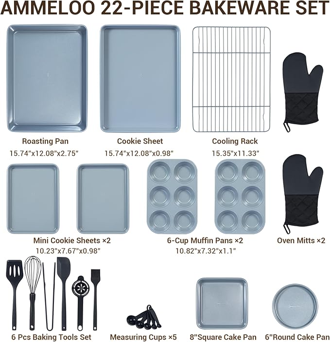 Ammeloo 22-Piece Baking Pans Set Stackable Bakeware Non Stick Baking Set Non Toxic Oven Pans, Including Roasting Pan, Cookie Sheets, Muffin Pans, Cake Pans, Oven Mitts and Utensils(Gray & Stone Black)