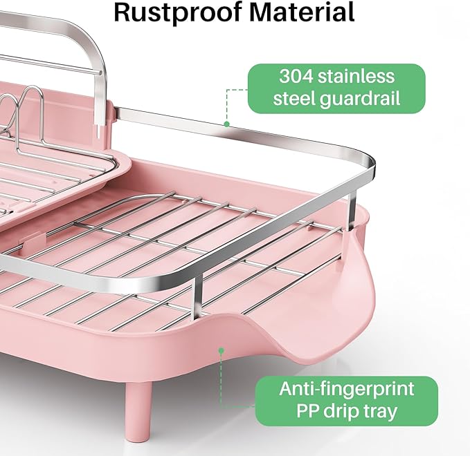 SAYZH Dish Drying Rack - Expandable Dish Rack for Kitchen Counter, Rust-Resistant Dish Drainer with Utensil Holder and Raised Guardrail, Kitchen Organizer for Cup and Bottle (Pink)