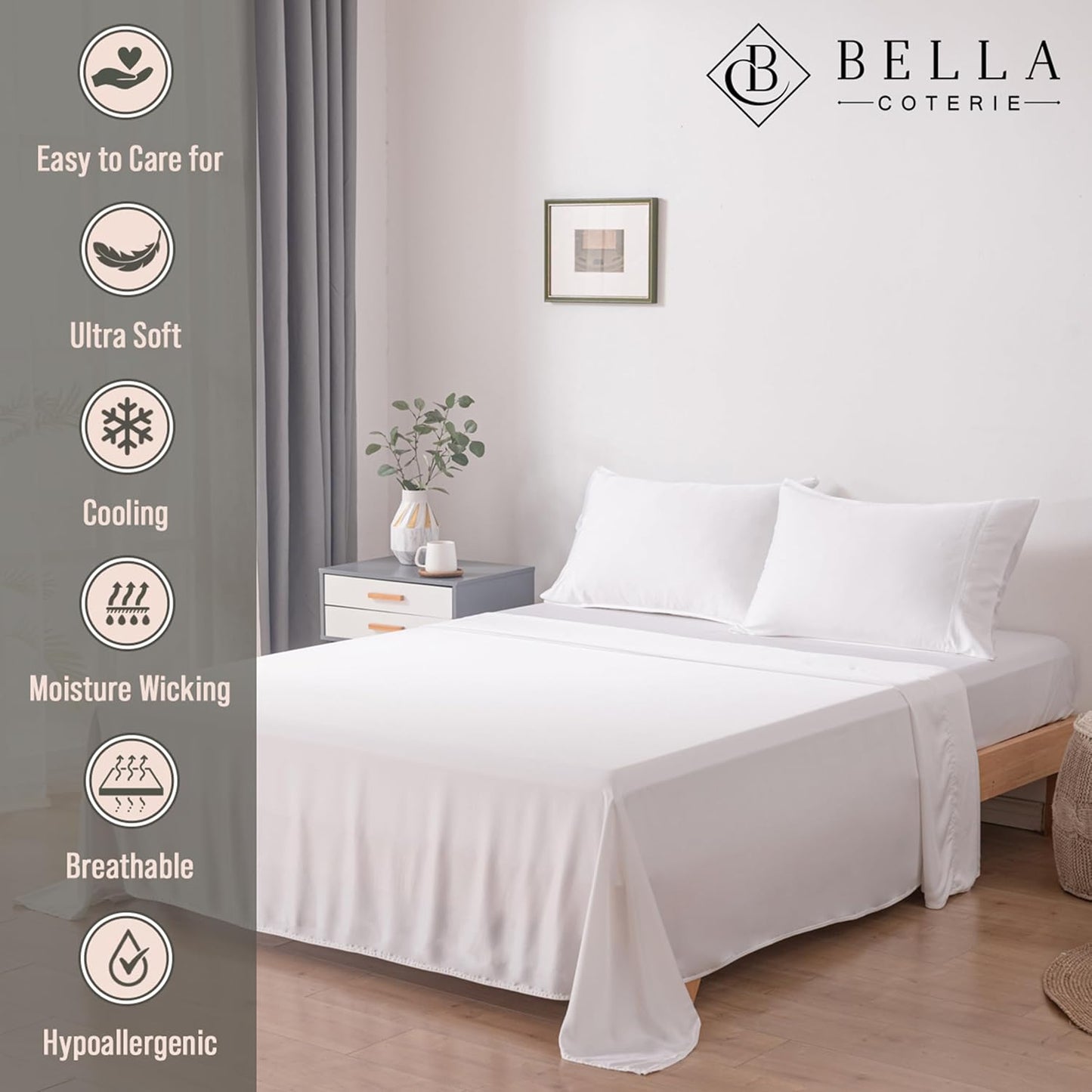 Bella Coterie Luxury Bamboo Viscose Twin Size Sheet Set | 100% Organically Grown | Ultra Soft | Cooling for Hot Sleepers | 18" Deep Pocket [White]