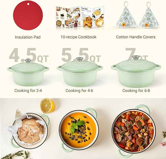 Overmont Enameled Cast Iron Dutch Oven - 5.5QT Pot with Lid Cookbook & Cotton Potholders - Heavy-Duty Cookware for Braising, Stews, Roasting, Bread Baking Verdant