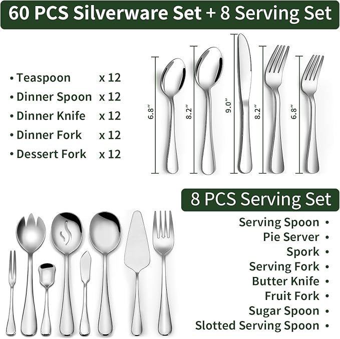 68 Pieces Silverware Set with Serving Utensils Set, CEKEE Stainless Steel Flatware Set for 12, Heavy Duty Cutlery Set, Kitchen Utensil Sets for Home Restaurant, Mirror Finish, Dishwasher Safe