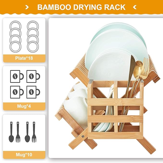Bamboo Dish Drying Rack, 2 Tier Collapsible Dish Rack with Utensil Holder, Wooden Dish Drying Rack for Kitchen Counter, Large Folding Drying Holder, Dish Drainer 34 pcs Grid