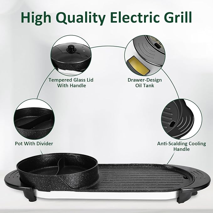 Hot Pot Electric with Grill, 2 in 1 Smokeless Non-Stick Shabu Shabu Pot with Korean BBQ Grill, Independent Dual Temperature Control, 2200W Fast Heating, for Family Gatherings or Friends' Parties