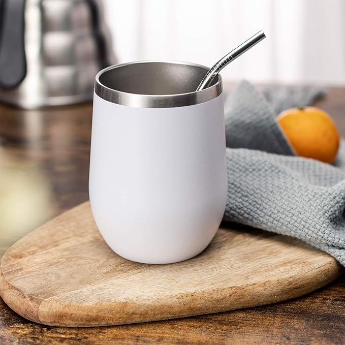 COMOOO 12oz Stainless Steel Wine Tumbler Lid and Straw, Double Wall Vacuum Insulated Wine Tumbler Cup, Stemless Wine Tumbler, Coffee, Wine, Cocktails, Ice Cream Cup White,12 Pack