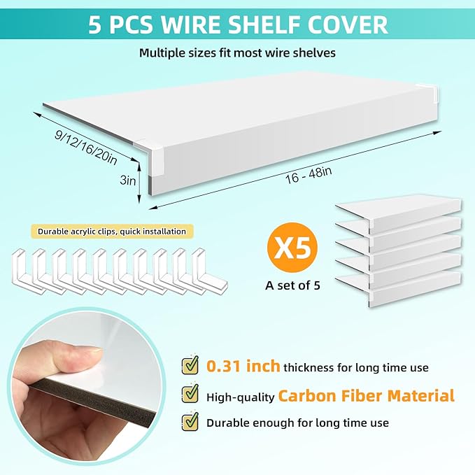 5 Pcs Wire Shelf Cover, 30X16X3 Inch Carbon Fiber Material Shelf Covers for Pantry Shelves(Not Wood), Waterproof Removable Closet Shelving Liner for Home Kitchen,Office Organization - White