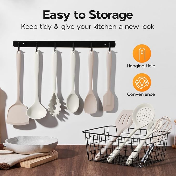 Onader Kitchen Cooking Utensils Set, 10 Pcs Silicone Non Toxic Cooking Utensils Set, Heat Resistant & Nonstick Cookware Friendly - 2 Mixed Color (Khaki & White)
