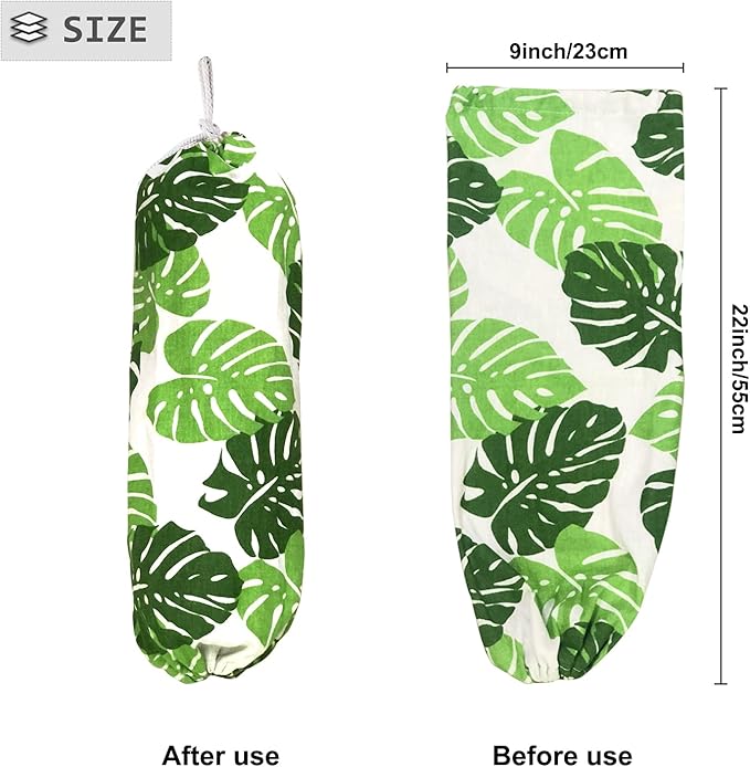 Green Wall Mount Plastic Bag Organizer - Washable Large Grocery Bag Storage Dispenser for Home Kitchen Travelling, Free Adjustment with Drawstring, 22x9