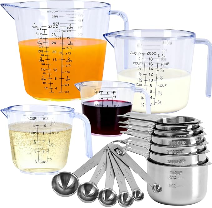 7x Stainless Steel Measuring Cups with 6x Measure Spoons Set,4x Py&Rex Plastic liquid Measurings Cups for Liquids,Kitchen Gadgets for Cooking & Baking Utensils Christmas Gift (17Pcs)